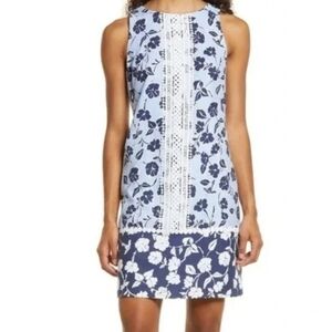 Eliza J Blue Floral Sleeveless Sheath Dress with Lace Detailing Size 8